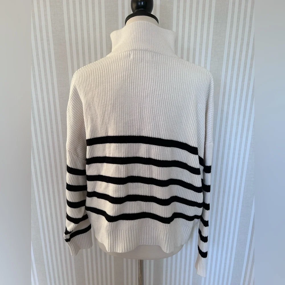 Mango White and Black Striped Sweater with Zip Women’s Size Small - Picture 3 of 6